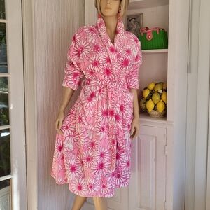 Vtg Lilly Pulitzer Bath Robe Velour Terry Belted Cotton  PINK Daisies L/XL